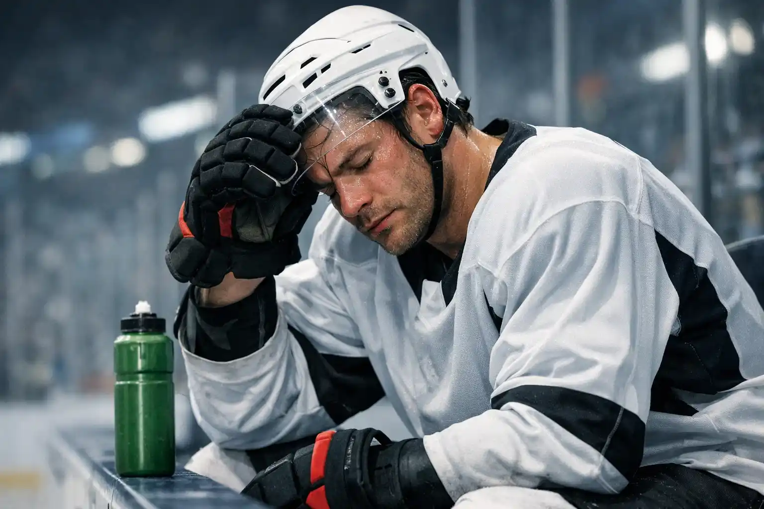 Joueur de hockey fatigué assis sur le banc en essuyant son front avec sa main gantée
