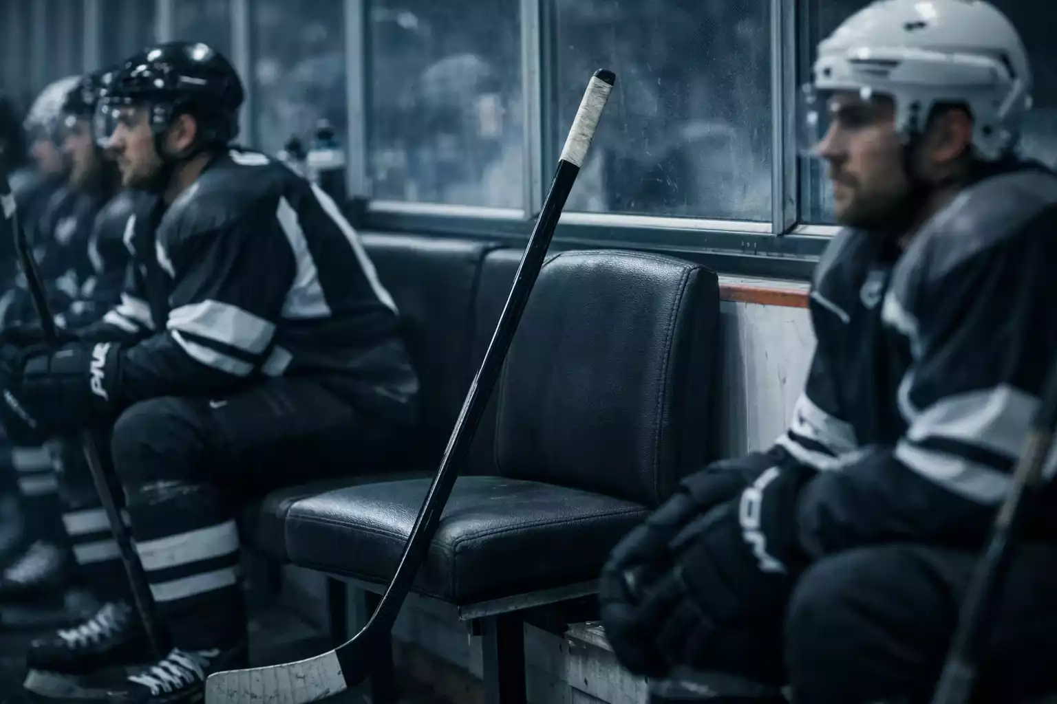 Banc d'une équipe de hockey sur glace avec un siège vide et des bâtons de hockey alignés