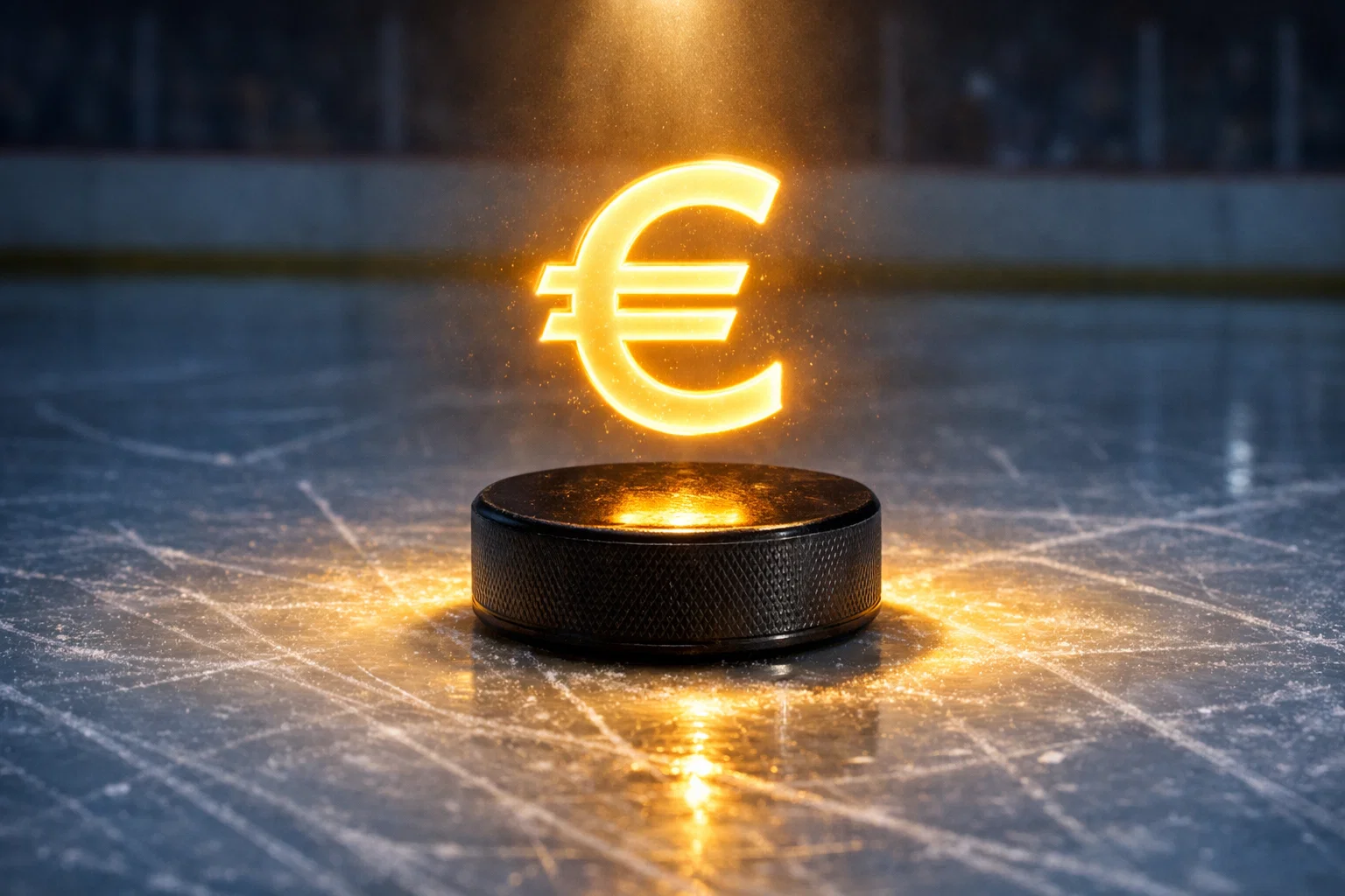 Palet de hockey sur glace avec un symbole € lumineux sur une patinoire éclairée