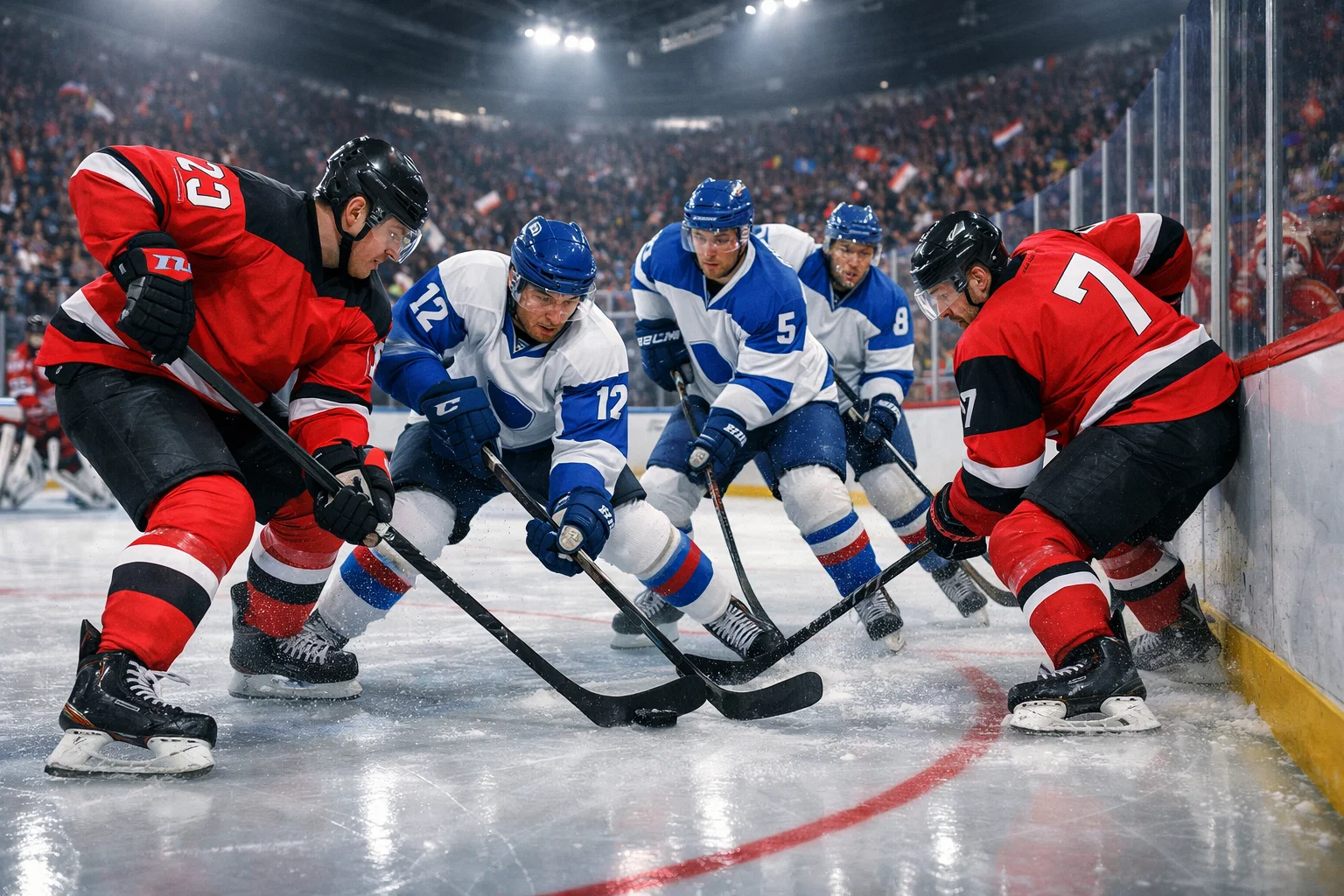 Joueurs de hockey sur glace en maillots nationaux lors d'un match du Championnat du Monde IIHF