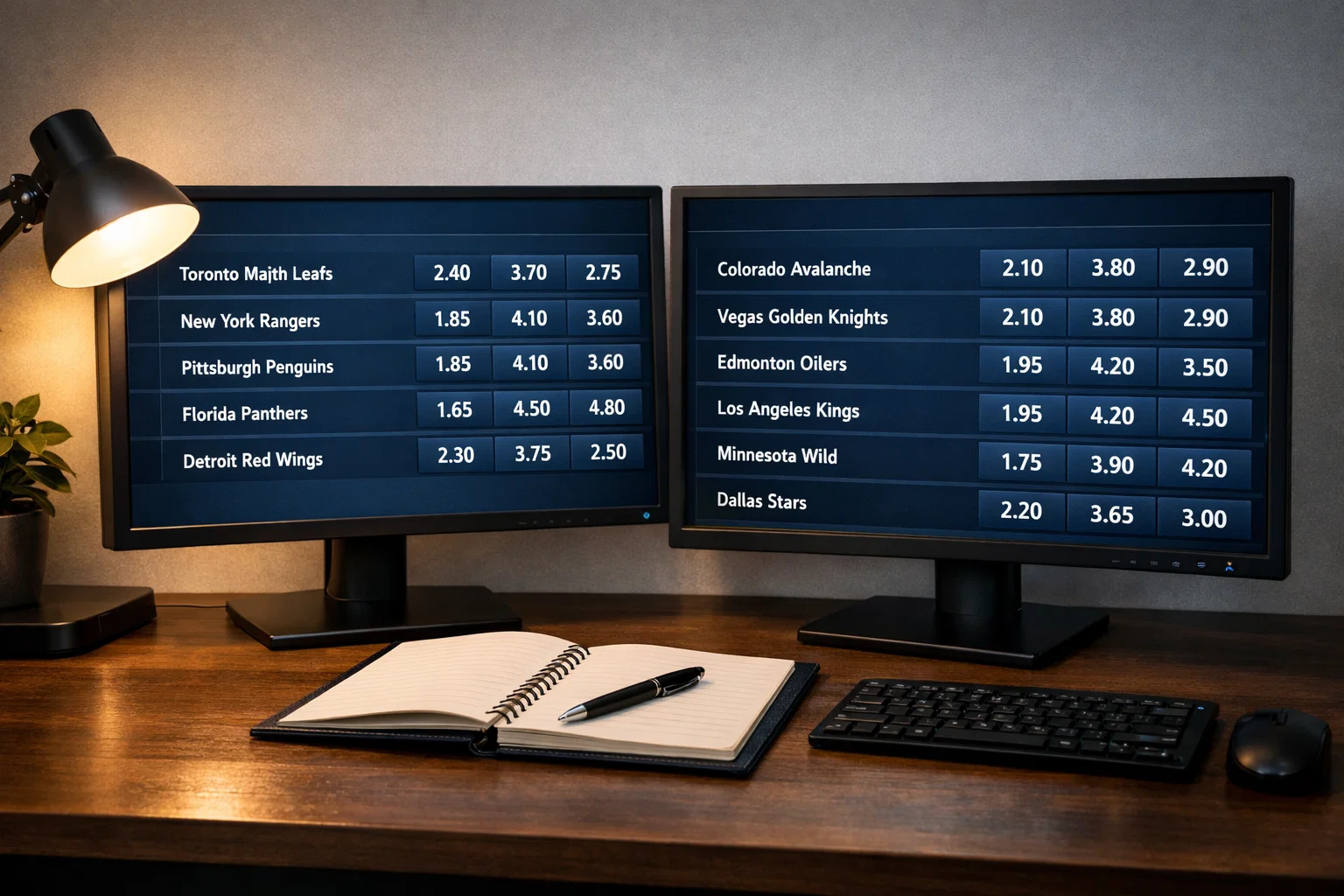 Plusieurs écrans affichant côte à côte des cotes de matchs de hockey sur glace NHL