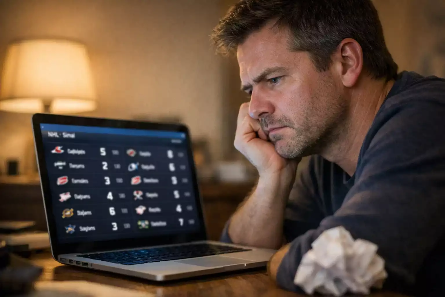 Personne réfléchissant devant un écran affichant des résultats de matchs de hockey sur glace