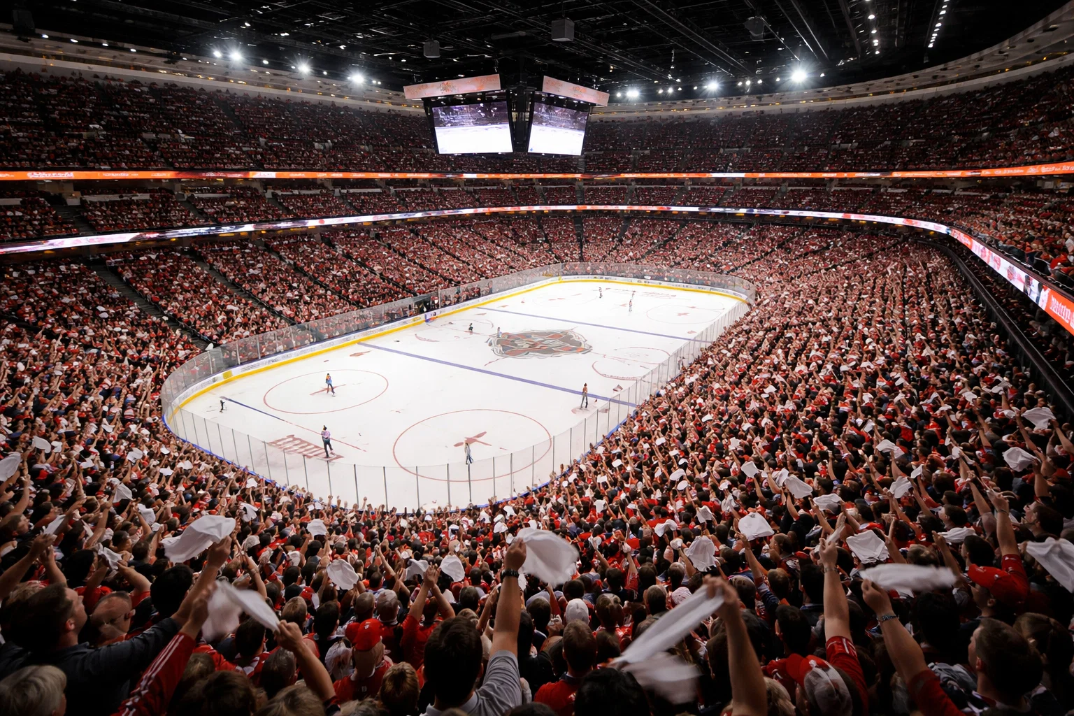 Arène de hockey sur glace pleine de spectateurs enthousiastes supportant leur équipe locale