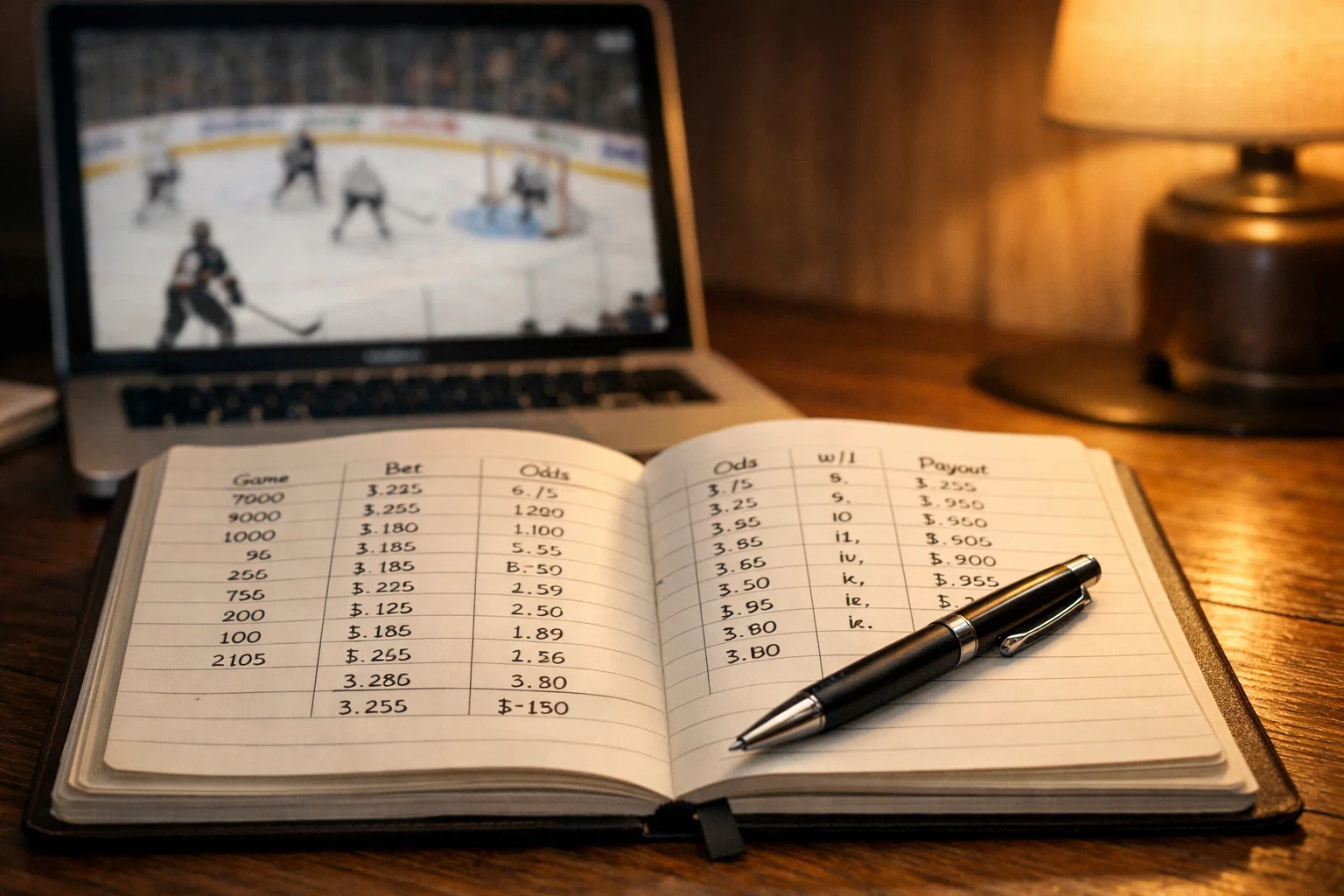 Carnet de notes ouvert avec un stylo sur une table à côté d'un écran montrant un match de hockey