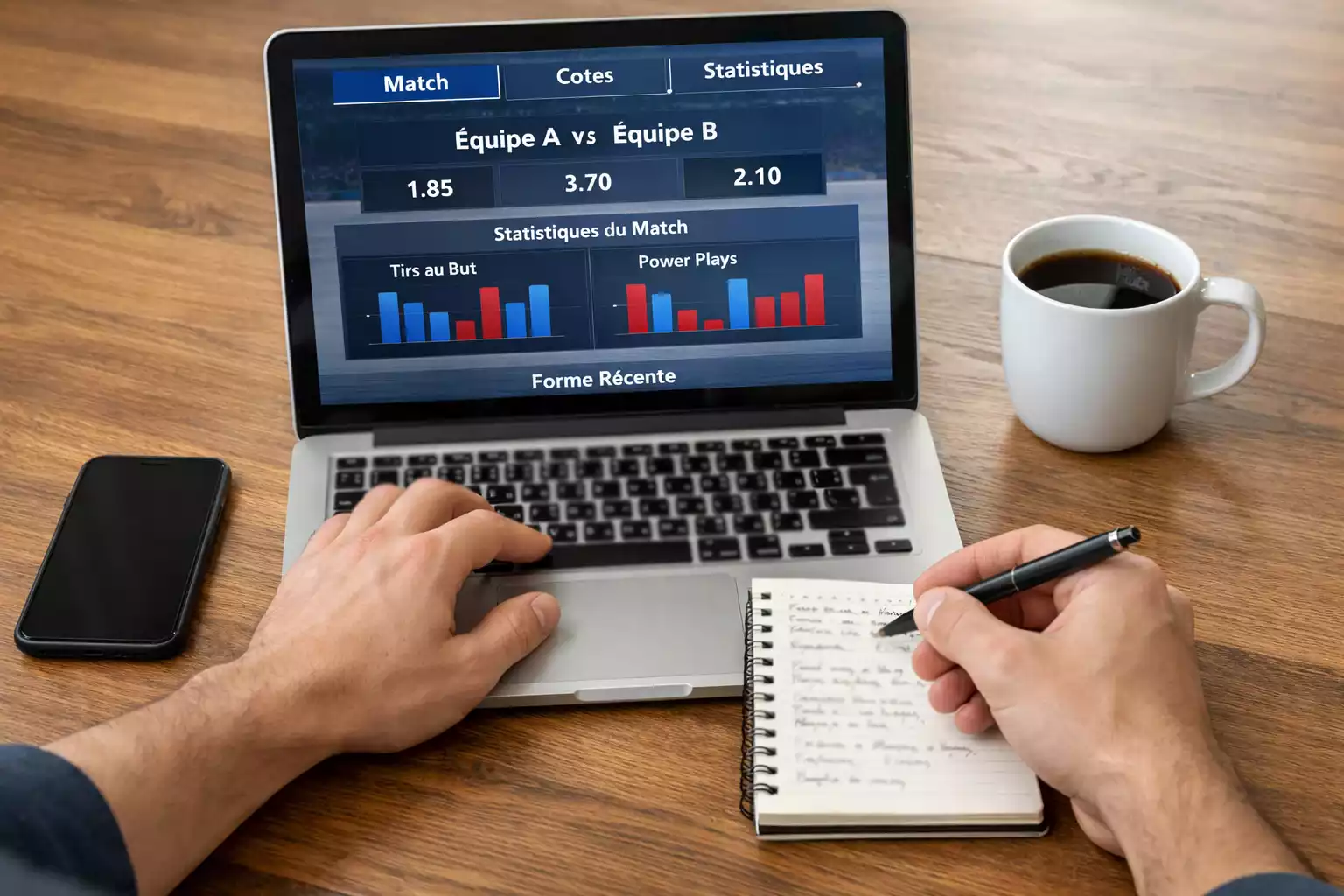 Cahier de notes avec analyse de matchs de hockey et statistiques