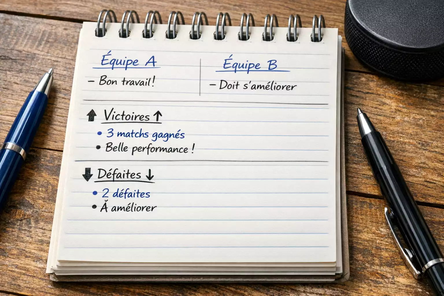 Notes manuscrites avec analyse de tendances de matchs de hockey
