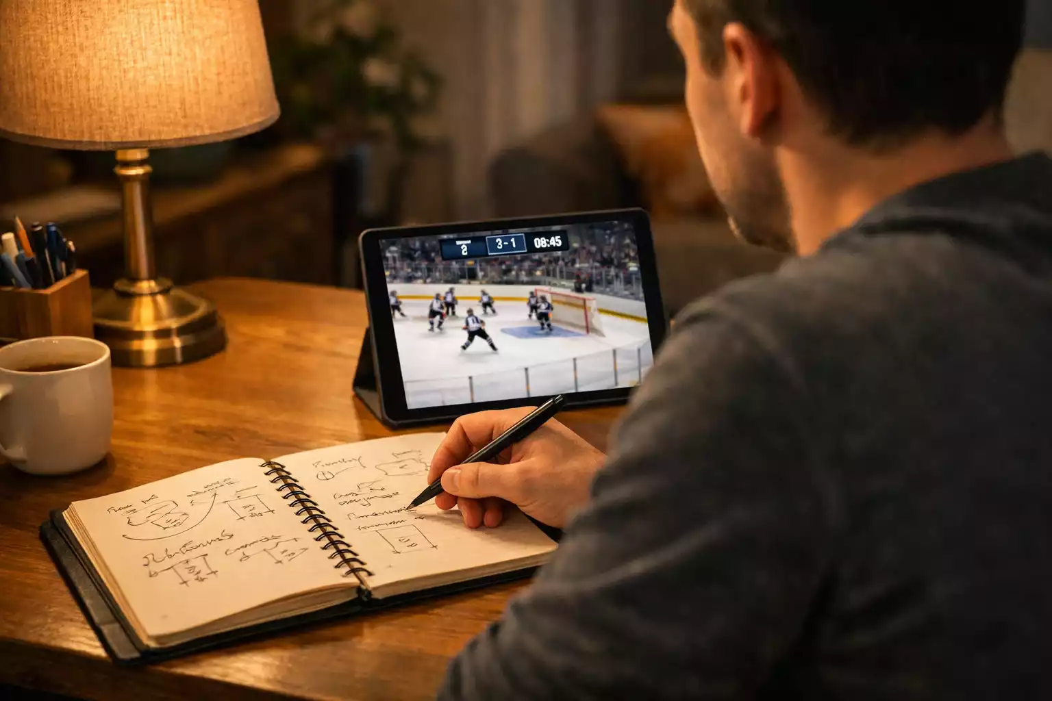 Parieur analysant ses stratégies de paris hockey avec un carnet de notes et un ordinateur