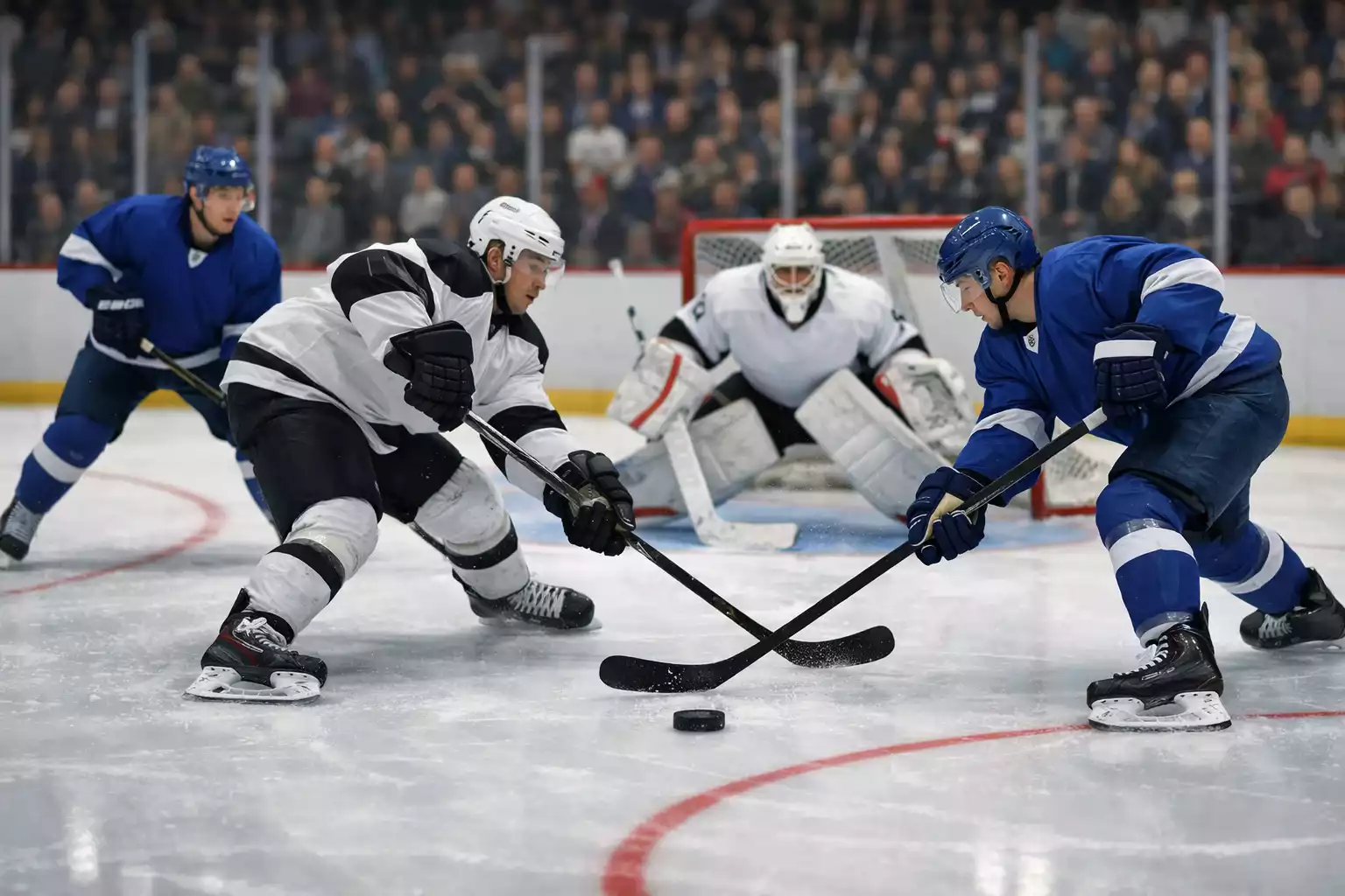 Équipe de hockey en supériorité numérique près du but adverse