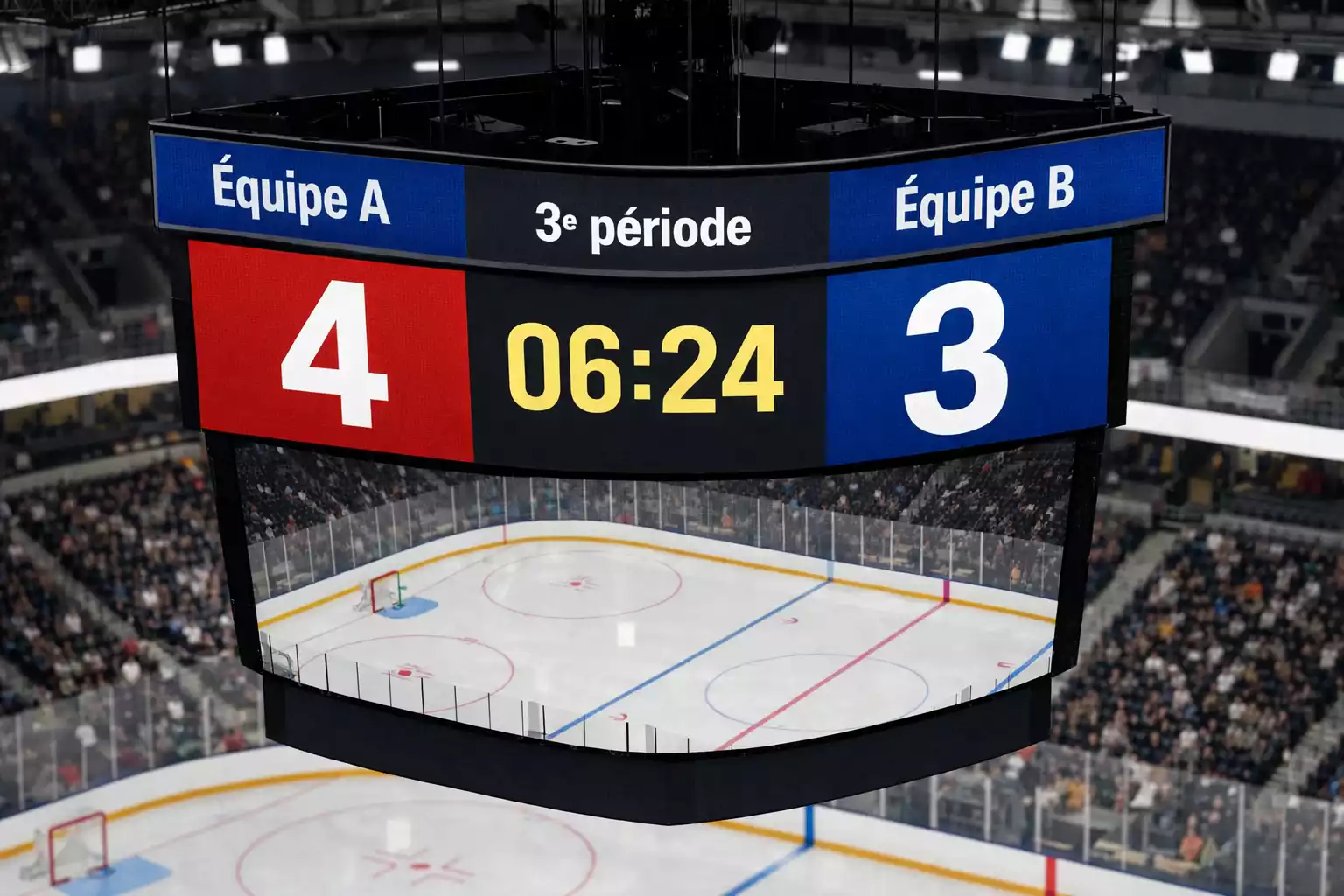 Tableau d'affichage lumineux avec le score d'un match de hockey