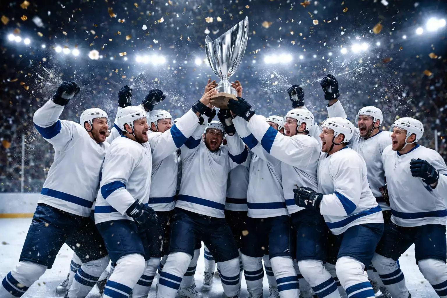 Trophée de hockey avec équipe célébrant la victoire