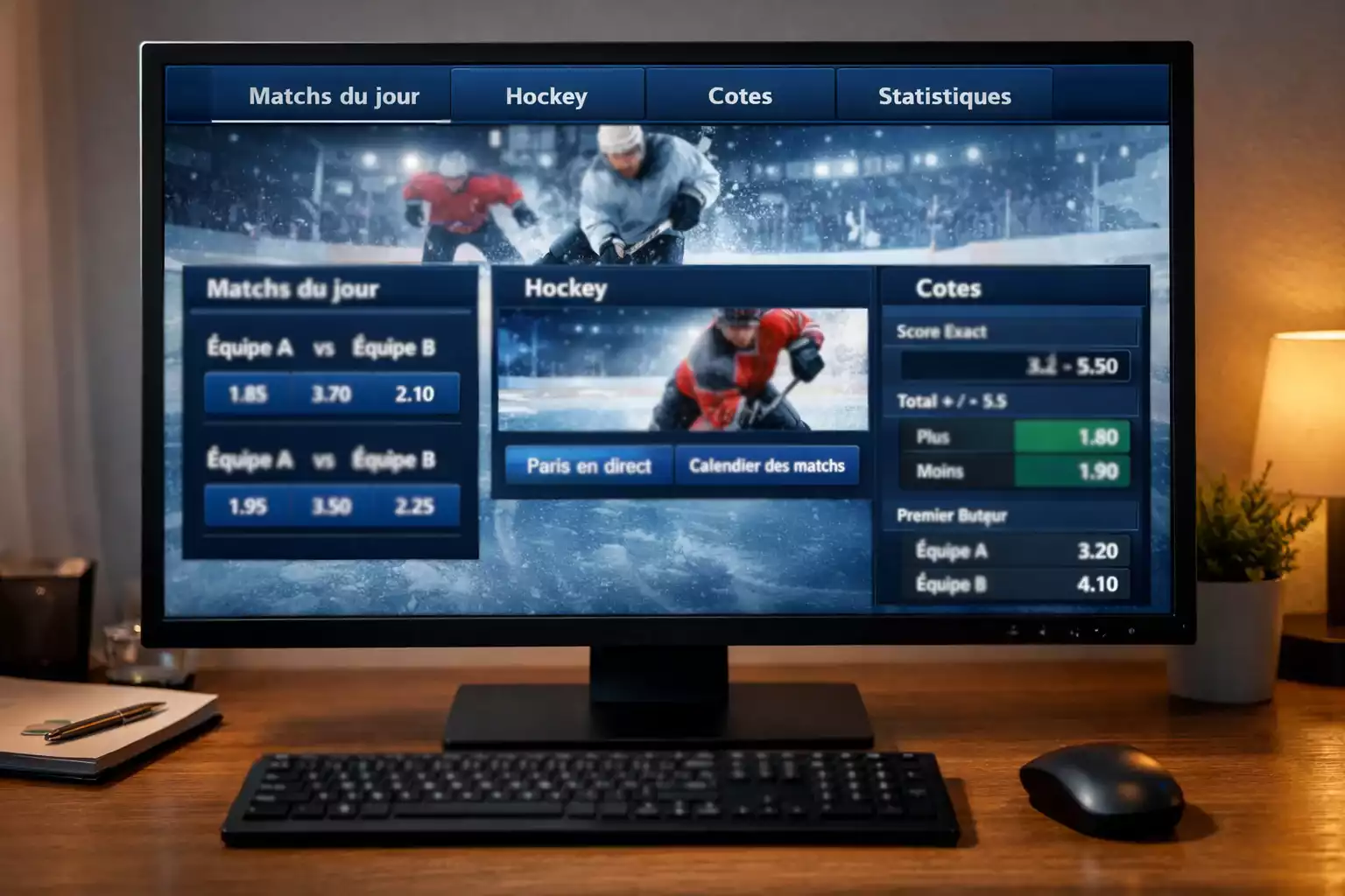 Interface de site de paris avec match de hockey en vedette
