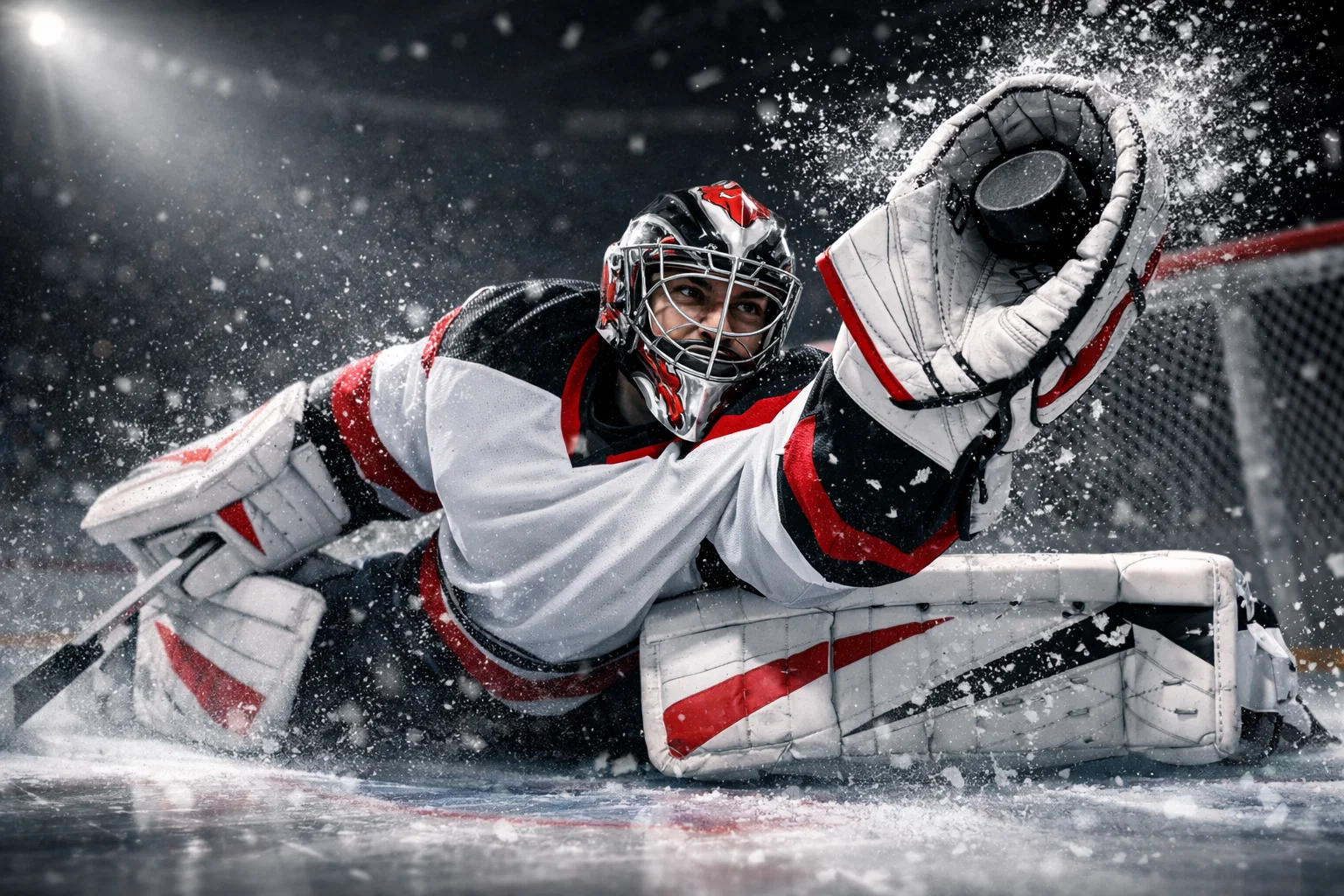 Gardien de hockey sur glace effectuant un arrêt spectaculaire avec sa mitaine