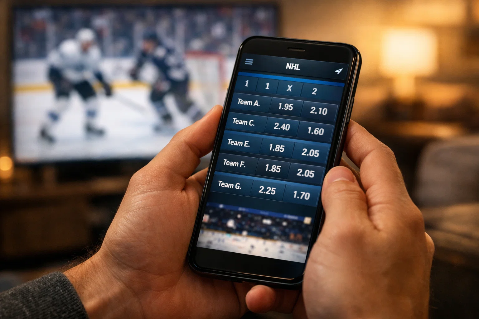 Écran de smartphone affichant des cotes de paris hockey sur glace dans un cadre sportif
