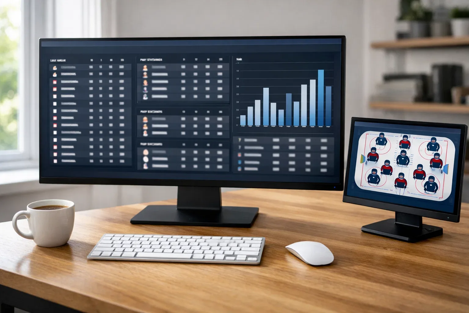 Bureau avec écran d'ordinateur affichant des tableaux de statistiques de hockey sur glace NHL