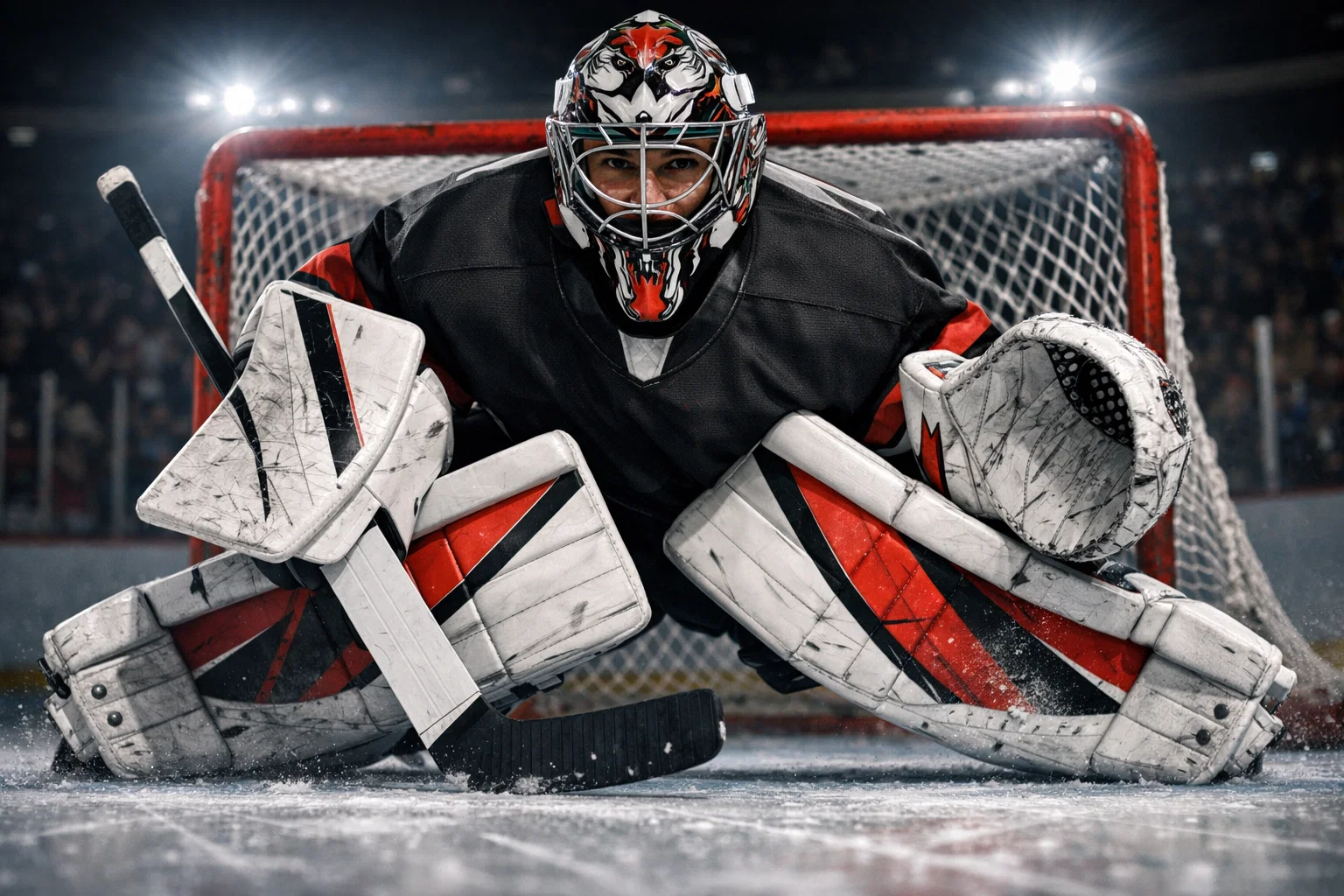 Gardien de hockey sur glace en position devant son filet prêt à arrêter un tir