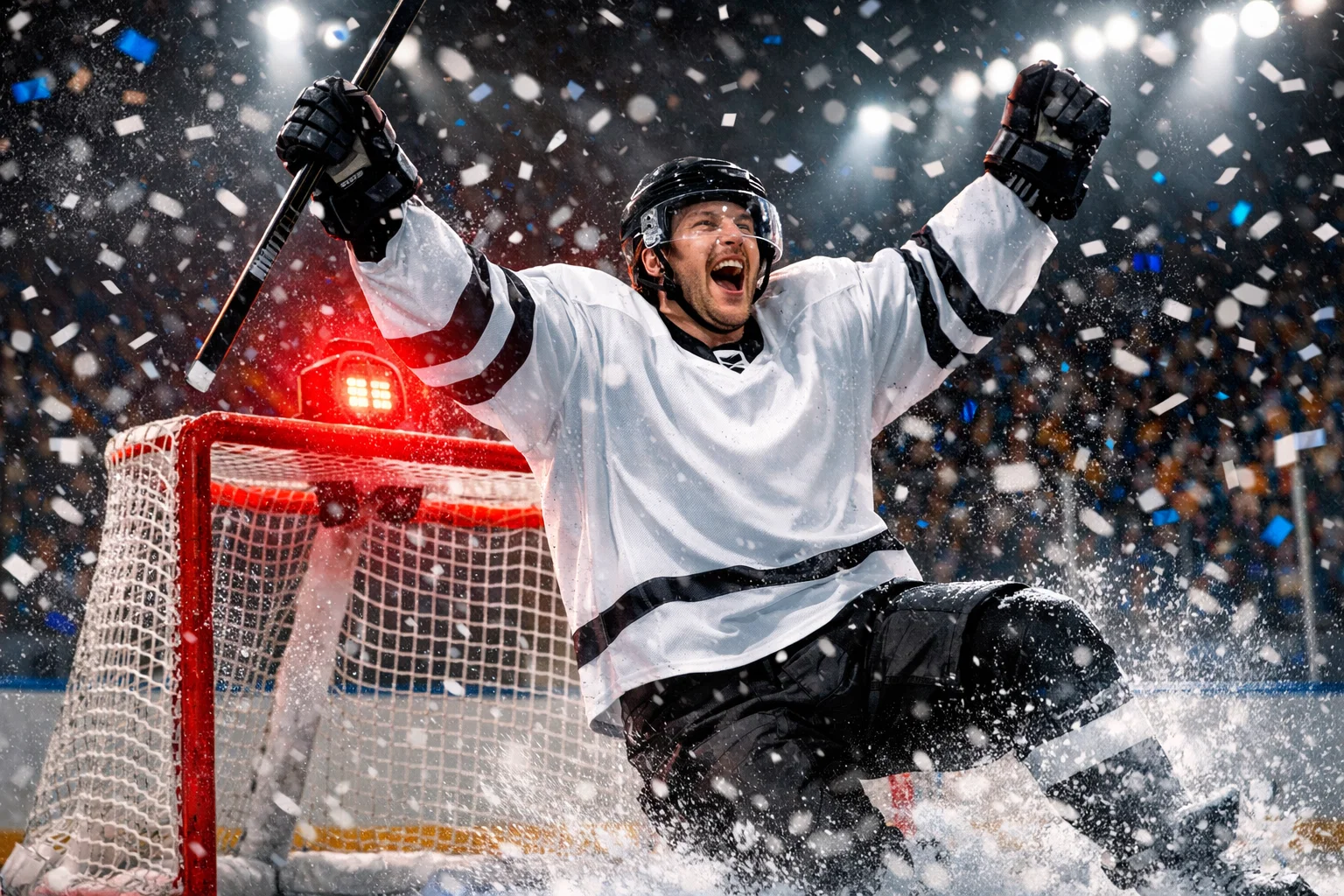Joueur de hockey célébrant un but devant le filet adverse sur la patinoire