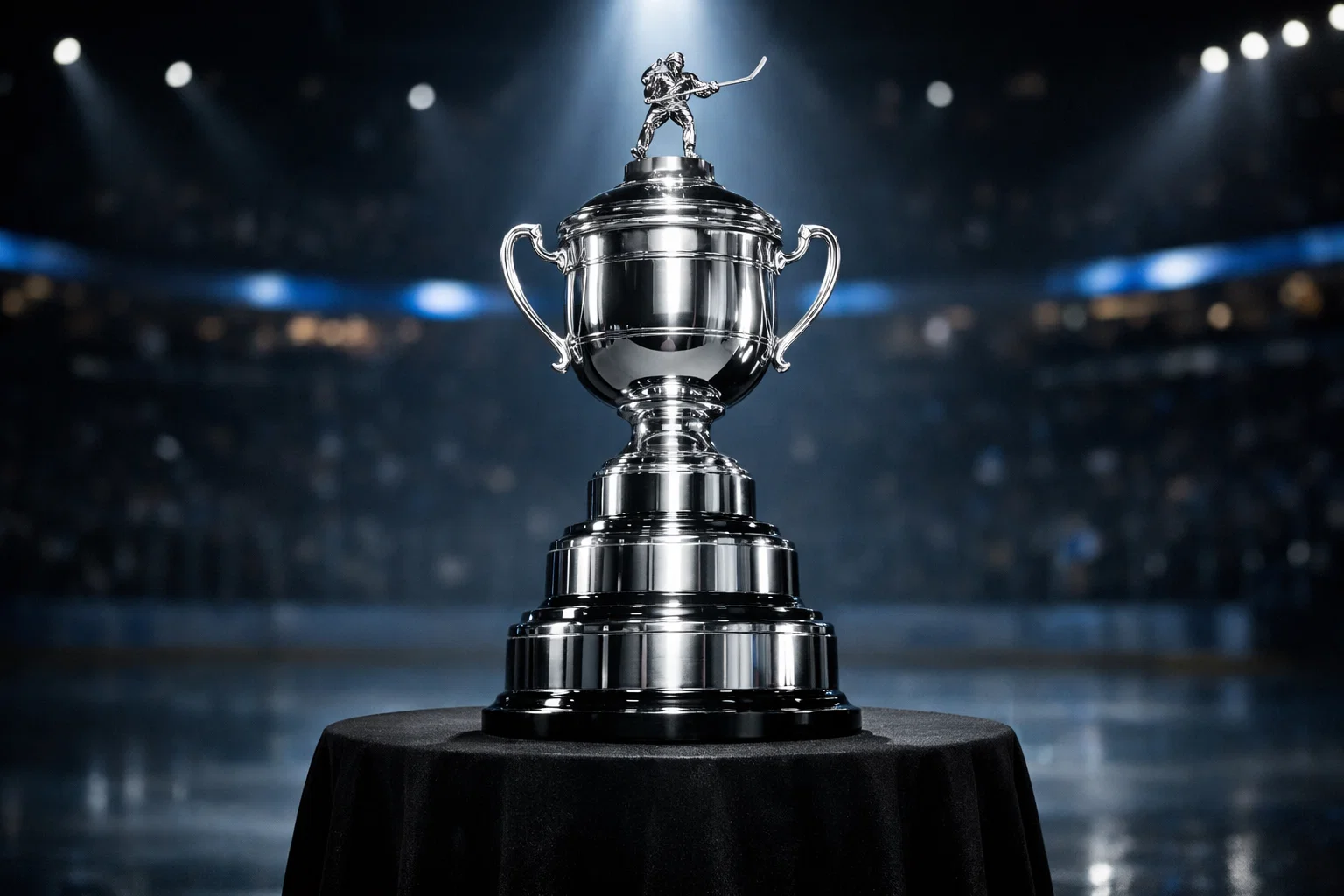 Le trophée de la Coupe Stanley exposé sous un éclairage dramatique