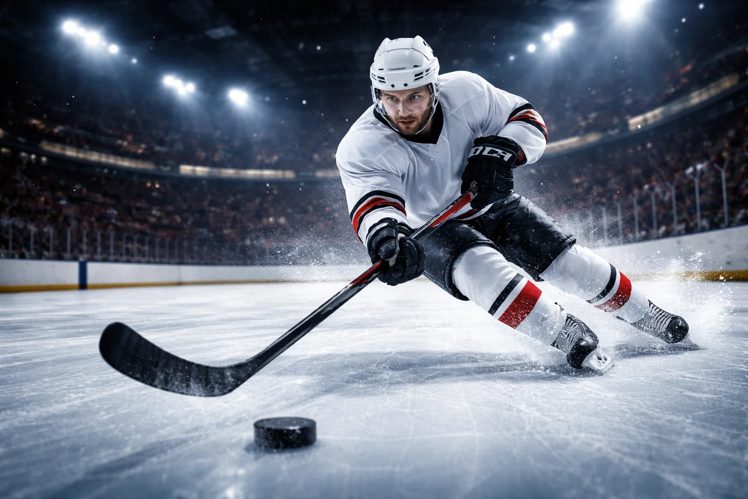 Joueur de hockey sur glace en action sur la patinoire avec un palet et une crosse