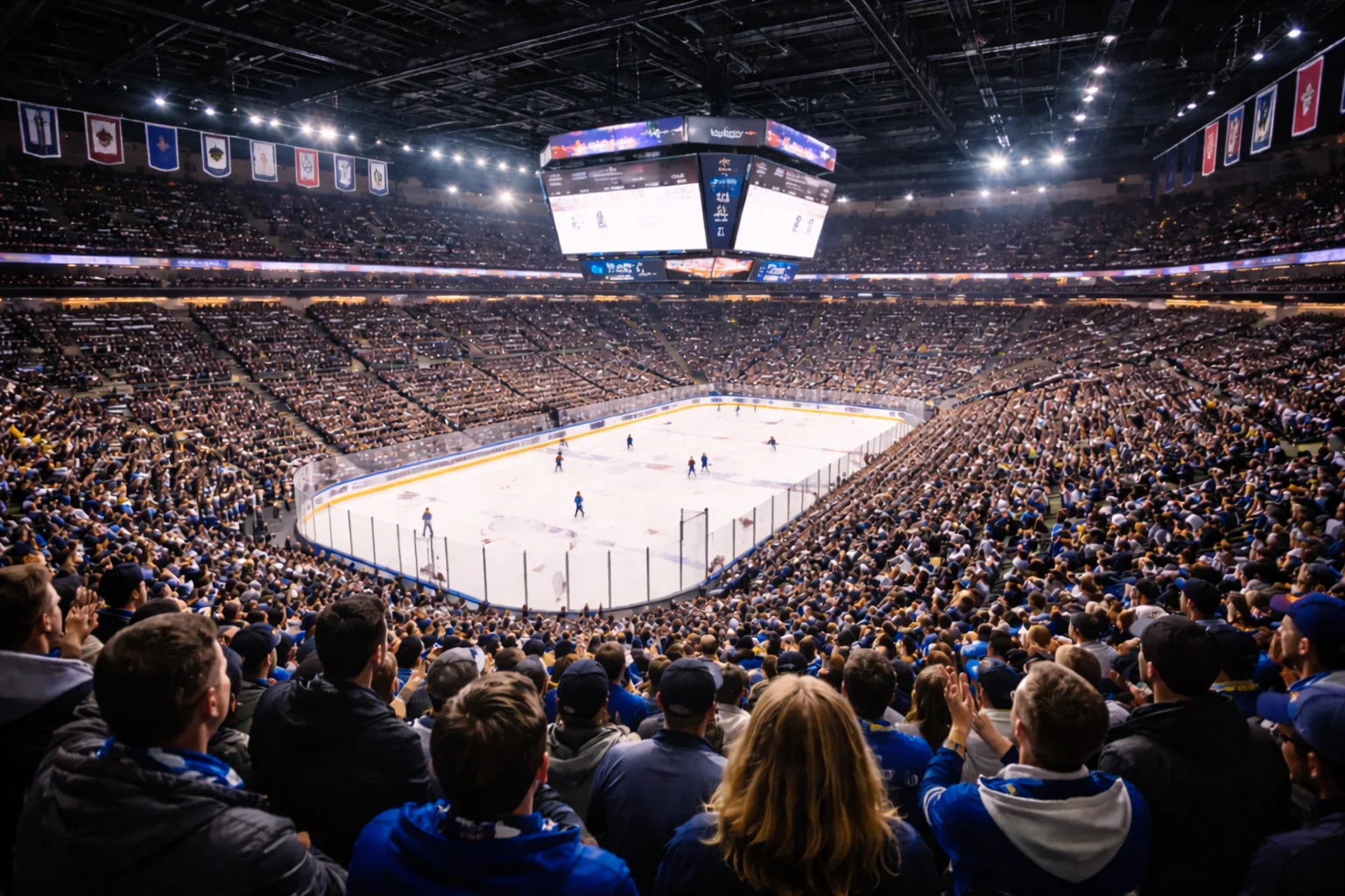 Arène NHL remplie de spectateurs lors d'un match de saison régulière de hockey