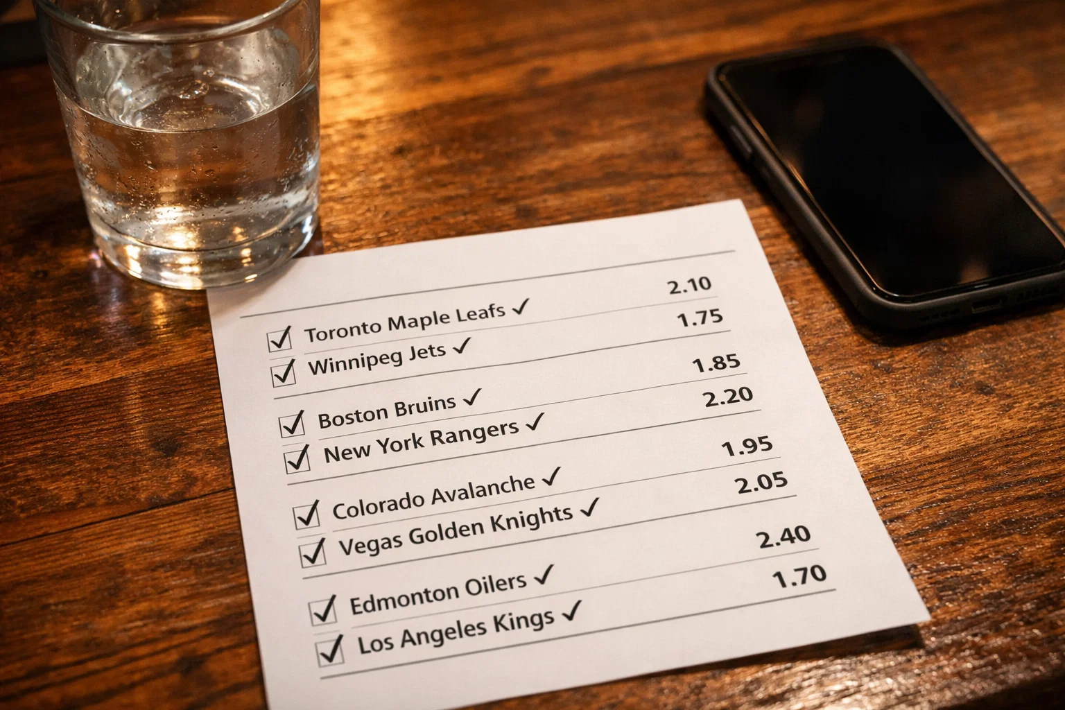 Ticket de paris sportifs avec plusieurs matchs de hockey NHL cochés posé sur une table