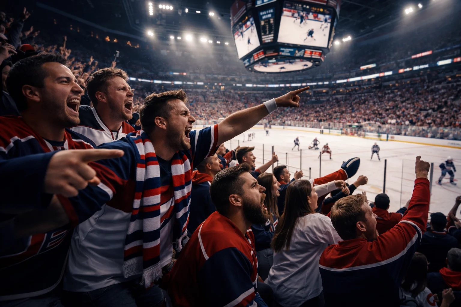 Fans de hockey regardant un match en direct dans une arène avec écrans géants