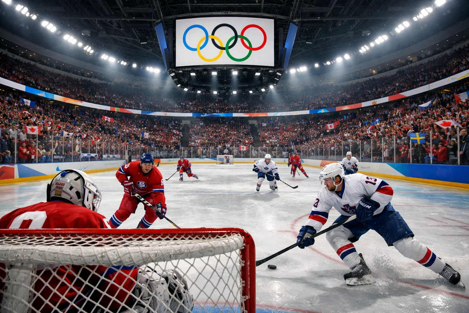 Joueurs de hockey sur glace disputant un match olympique dans une grande arène avec drapeaux nationaux