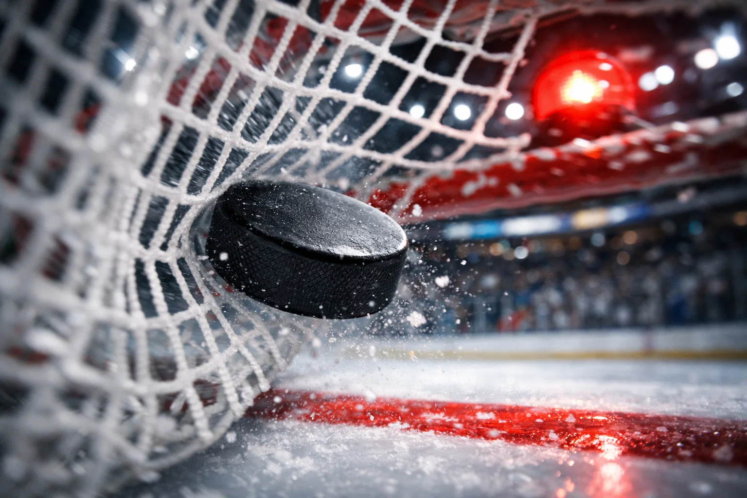 Palet de hockey entrant dans le filet lors d'un but marqué en match de NHL