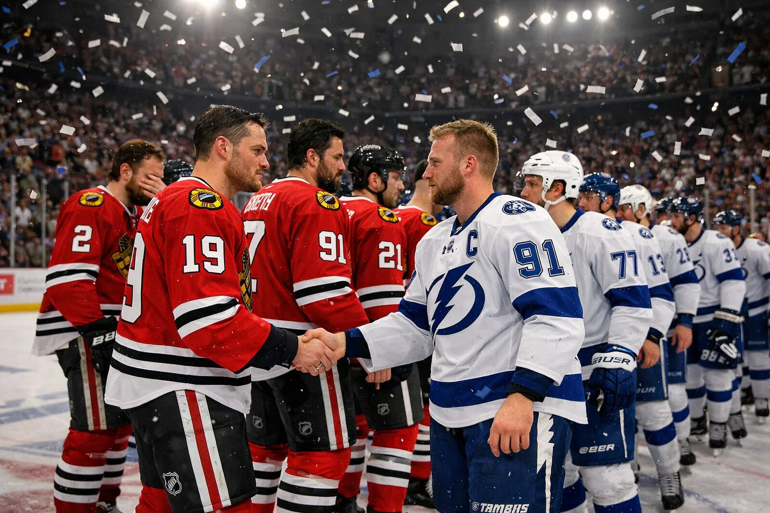 Joueurs de hockey se serrant la main après une série éliminatoire sur la patinoire