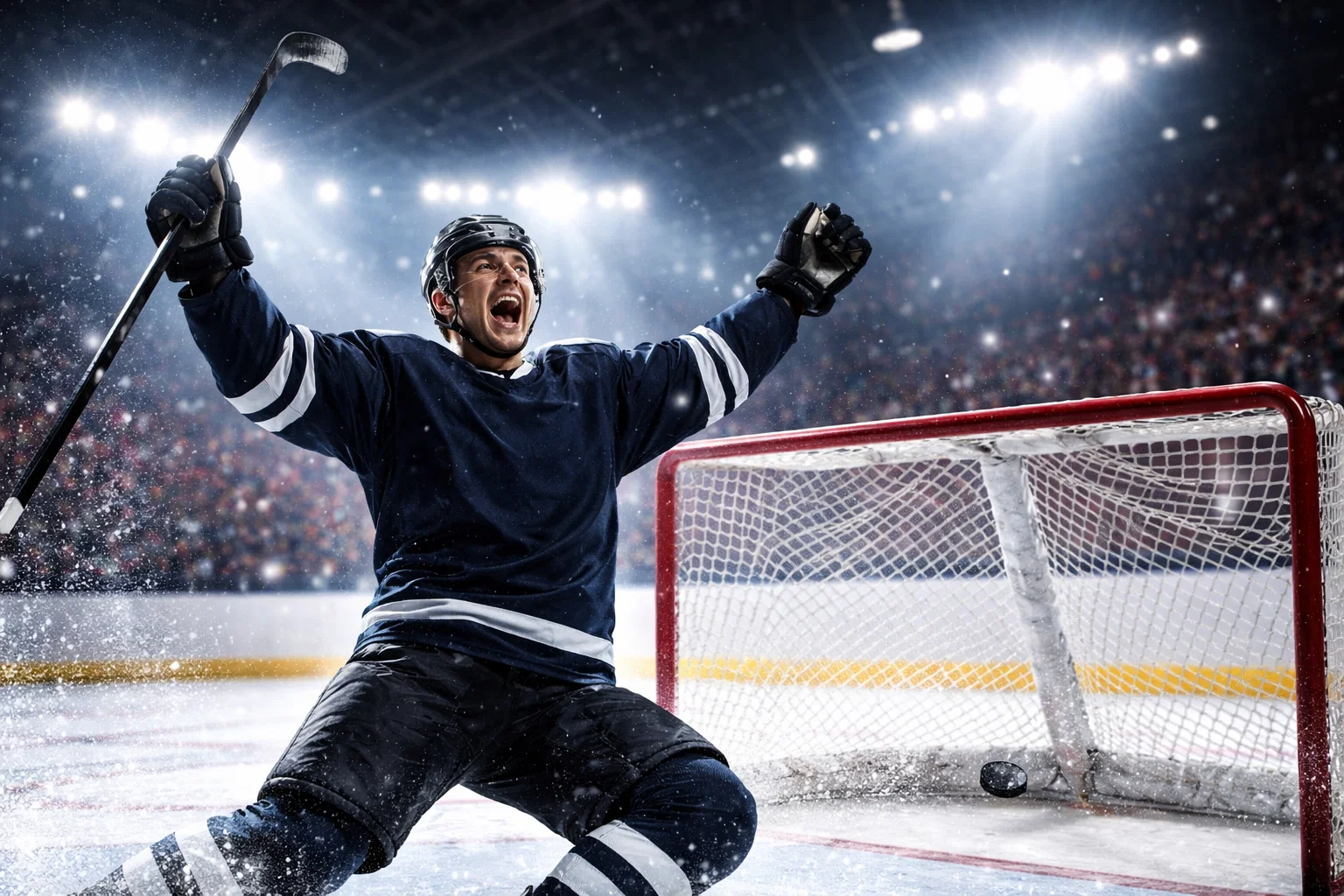 Joueur de hockey sur glace célébrant un but devant le filet adverse sous les projecteurs