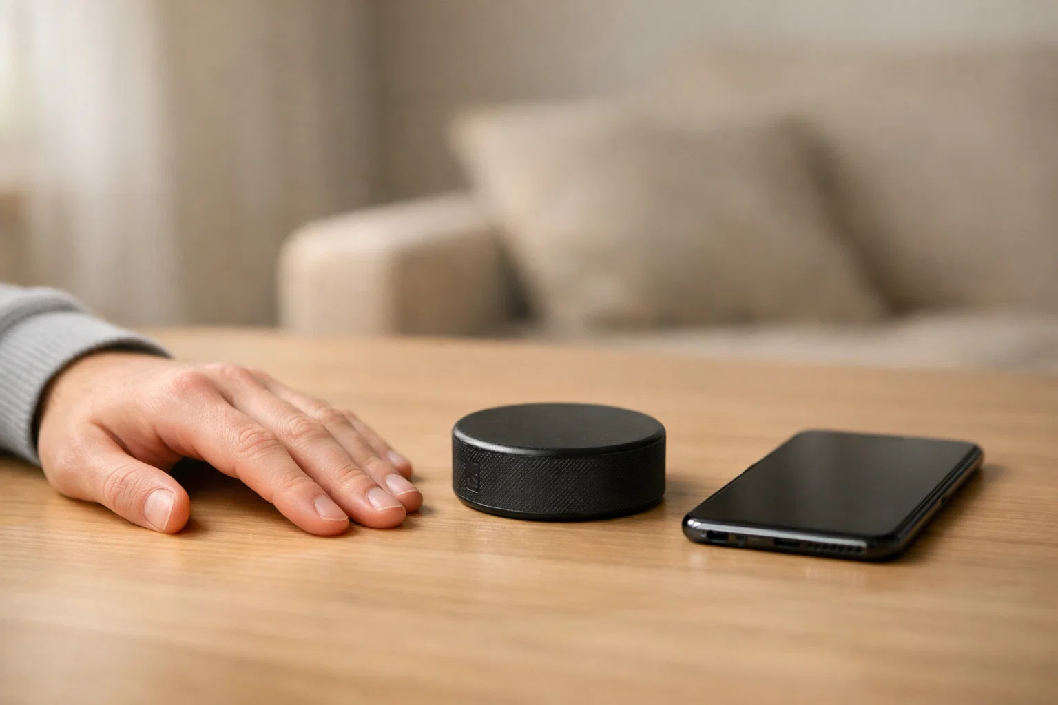 Main posée calmement sur une table avec un palet de hockey et un téléphone éteint à côté