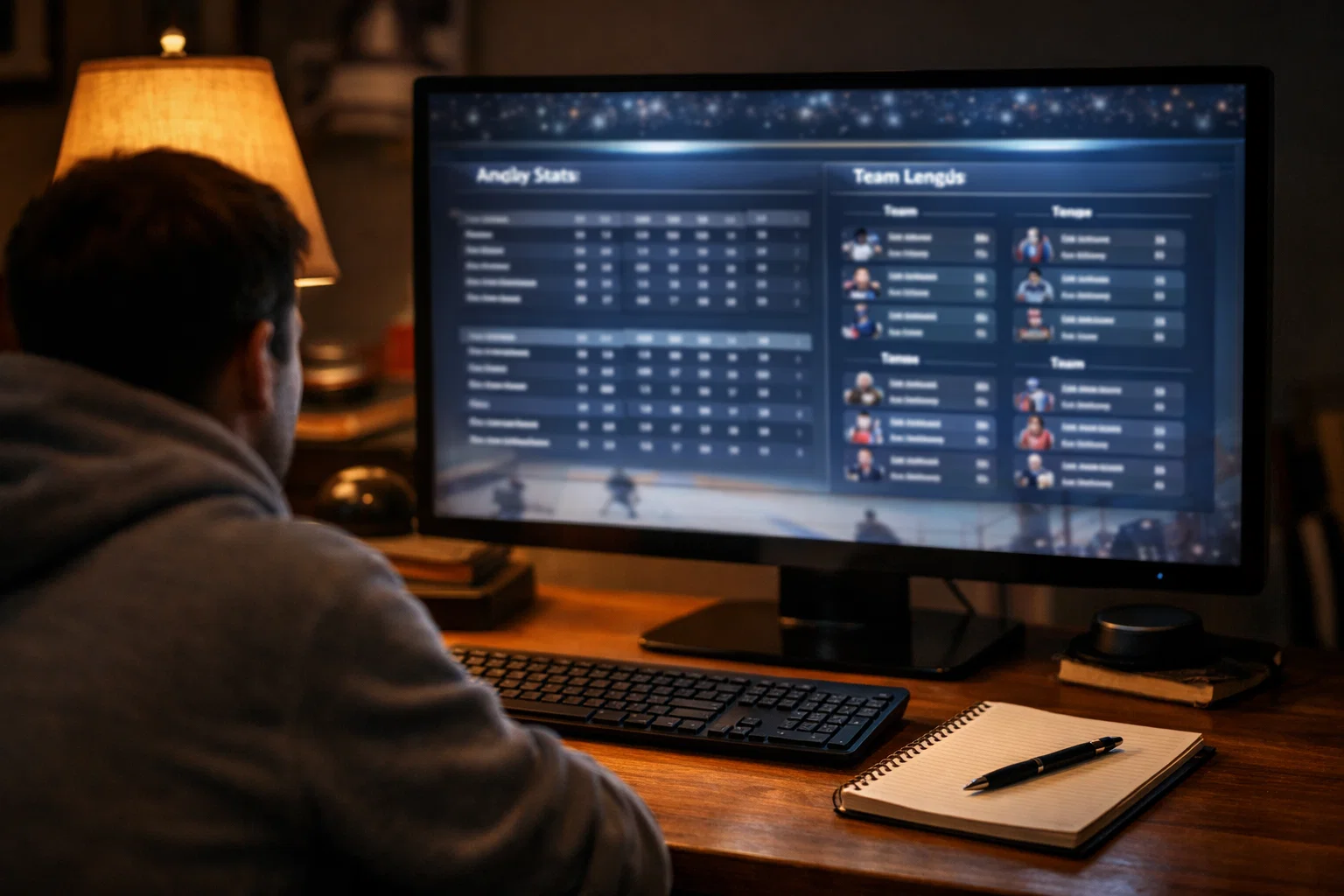 Personne analysant des statistiques de hockey sur un écran d'ordinateur avec des données de match