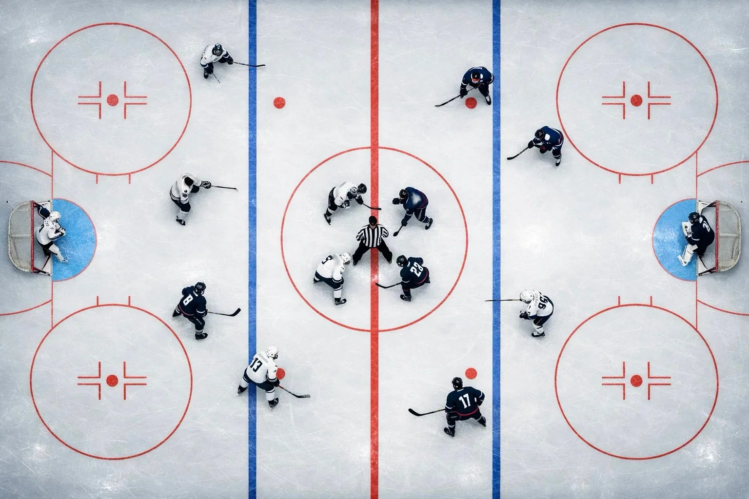 Vue aérienne d'une patinoire de hockey avec les zones et lignes de jeu visibles