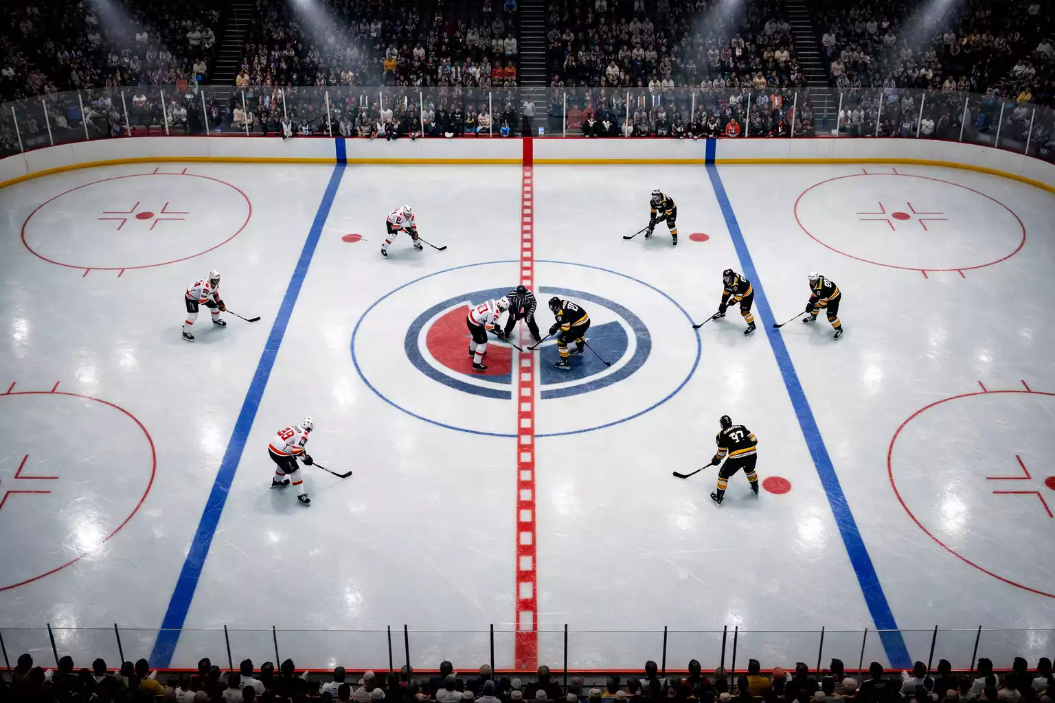 Vue d'ensemble d'un match de hockey sur glace dans une arène avec deux équipes sur la patinoire