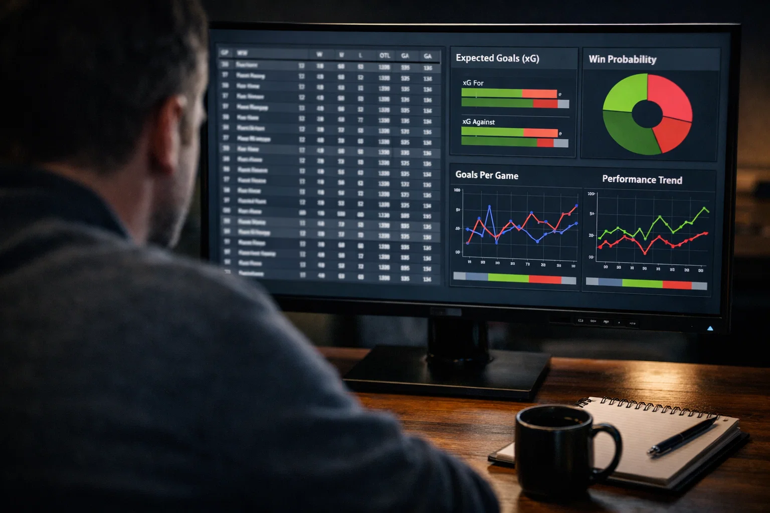 Analyste sportif étudiant des statistiques de hockey sur glace sur un grand écran dans un bureau